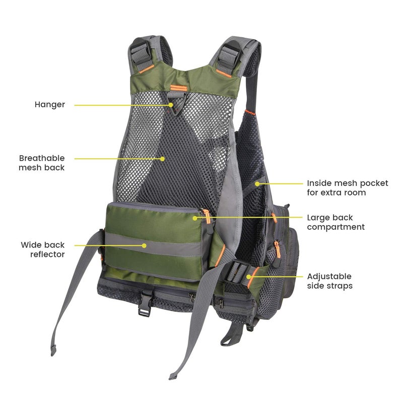 جونيكس سترة صيد السمك من Gonex للرجال والنساء، سترة صيد مريحة وقابلة للتعديل مع خطوط عاكسة متعددة الجيوب، أخضر + رمادي - Image 4